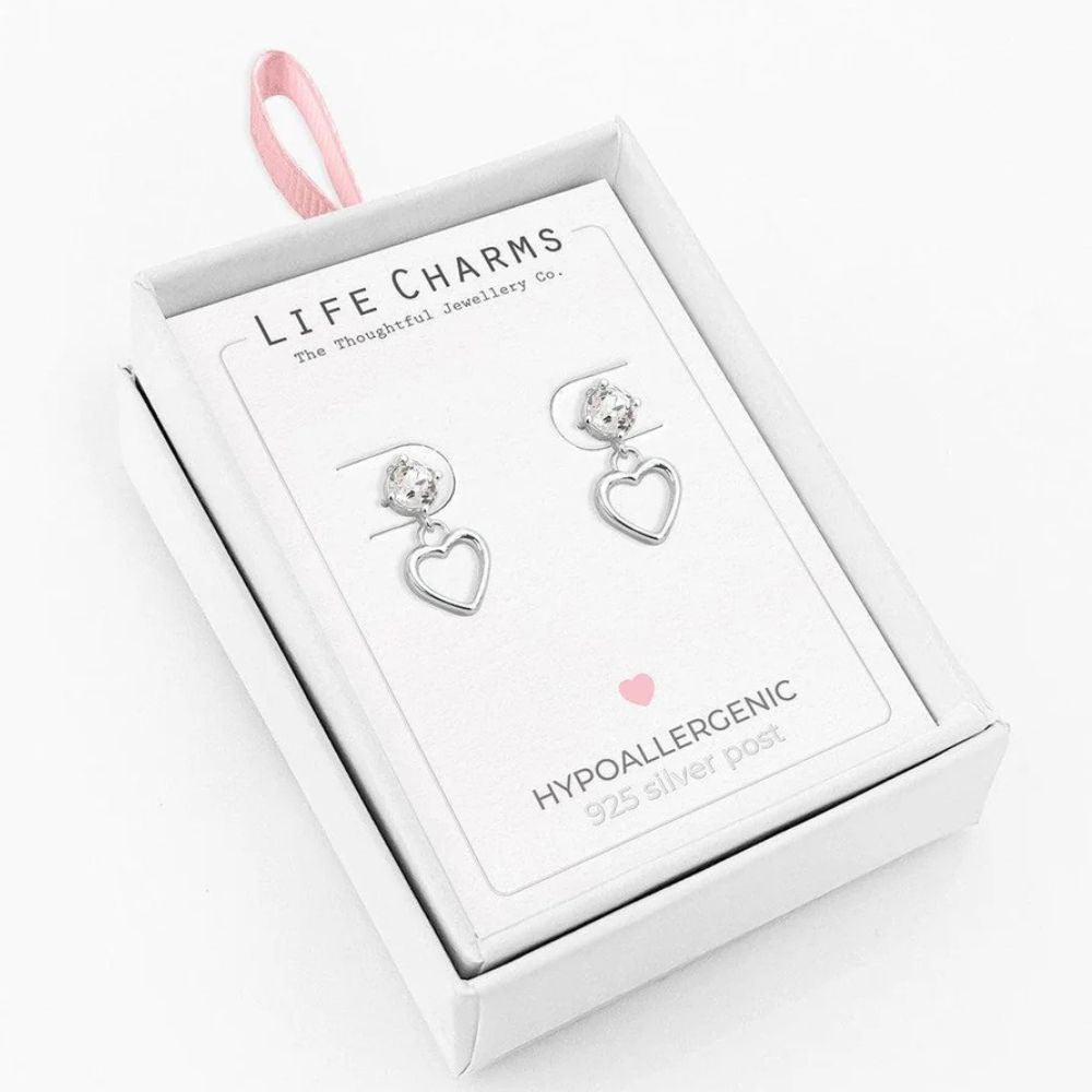 Life Charms Silver Open Heart Drop Stud Earrings