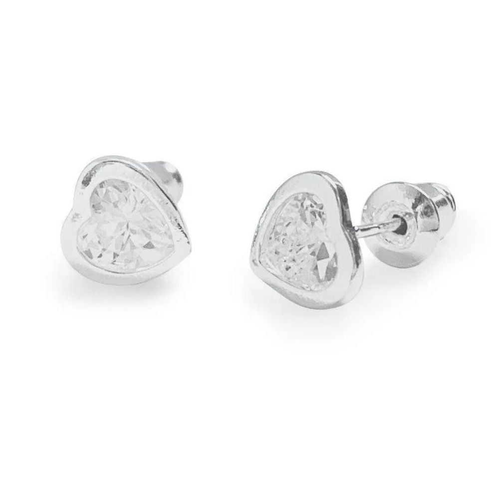 Life Charms Small Crystal Heart Silver Stud Earrings