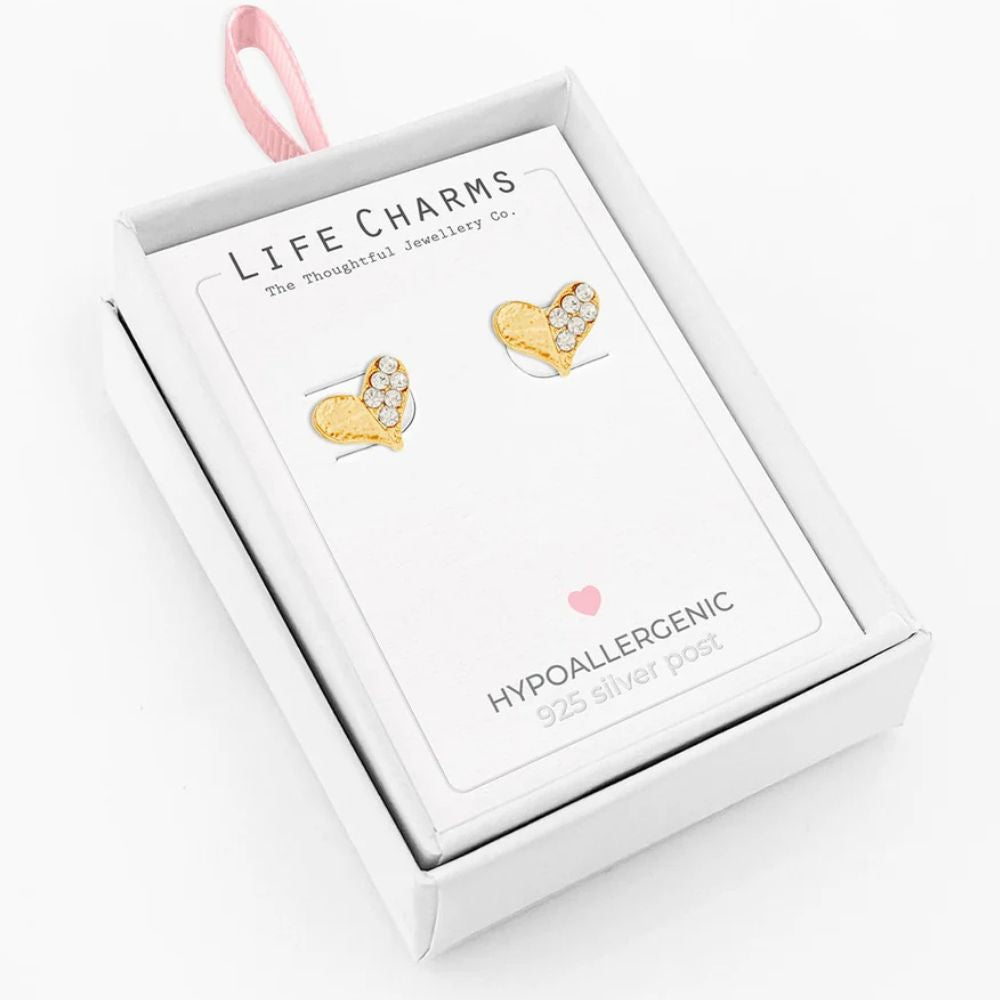 Life Charms Sparkly Heart Gold Stud Earrings