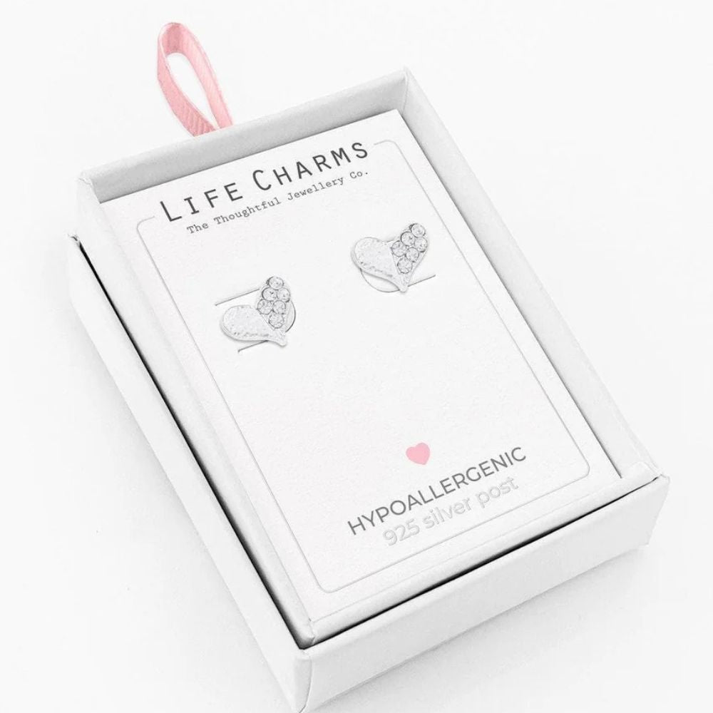 Life Charms Sparkly Heart Silver Stud Earrings