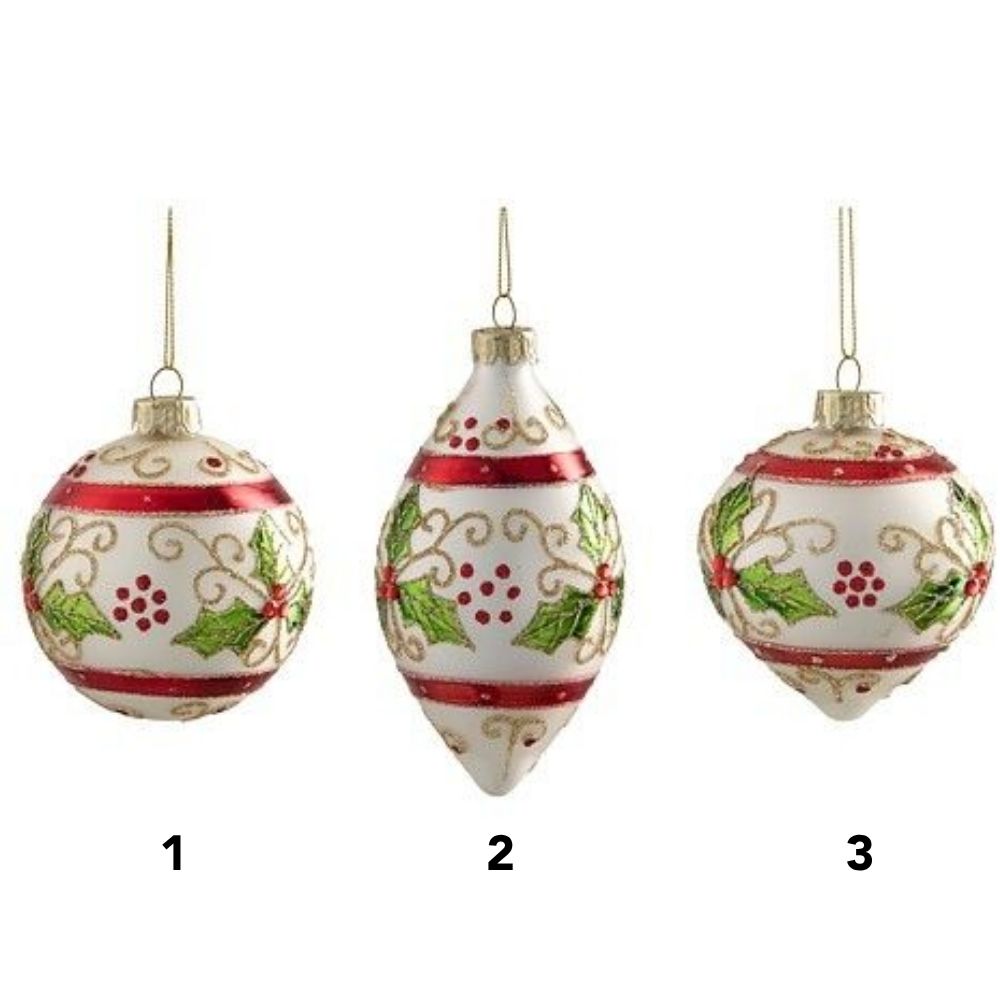 Mica Decorations 8cm White Holly Bauble (Choice of 3)