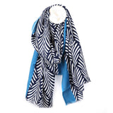 POM Blue Border Monochrome Leaf Print Scarf