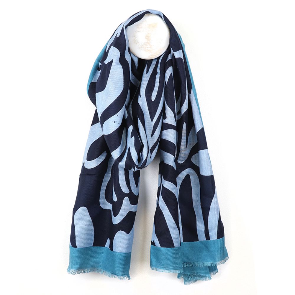 POM  Blue Mix Abstract Swirl Print Scarf With Border