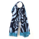 POM  Blue Mix Abstract Swirl Print Scarf With Border