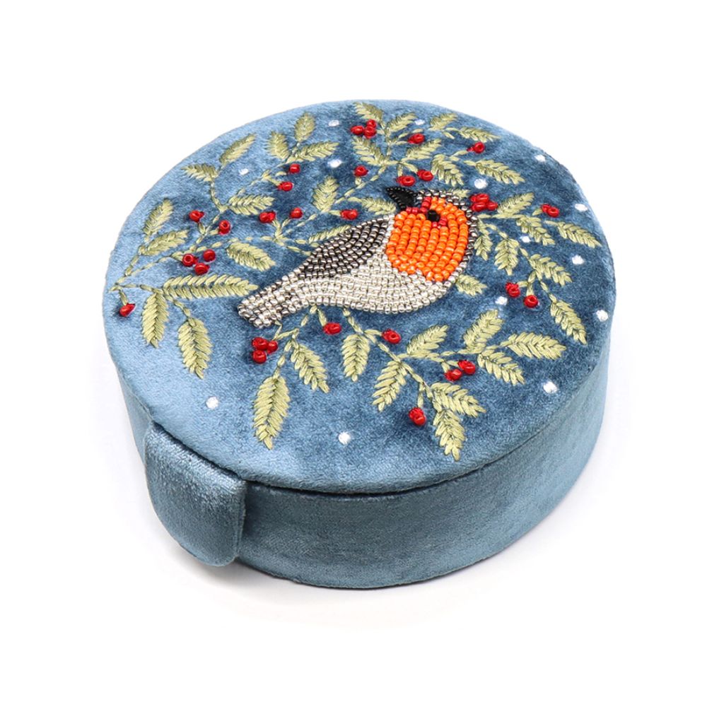 POM Blue Velvet Robin and Embroidered Holly Round Jewellery Box