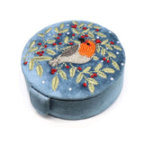 POM Blue Velvet Robin and Embroidered Holly Round Jewellery Box