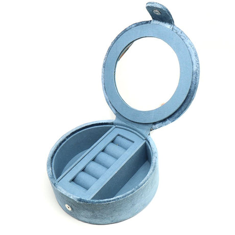 POM Blue Velvet Robin and Embroidered Holly Round Jewellery Box