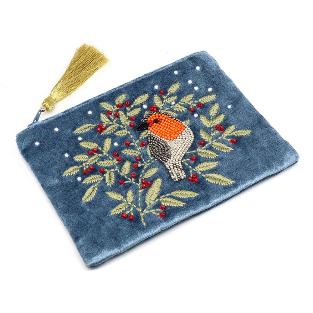 POM Blue Velvet Robin and Embroidered Holly Zip Purse