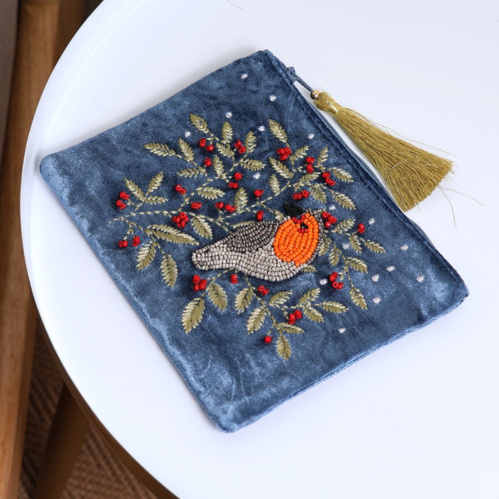 POM Blue Velvet Robin and Embroidered Holly Zip Purse