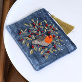 POM Blue Velvet Robin and Embroidered Holly Zip Purse