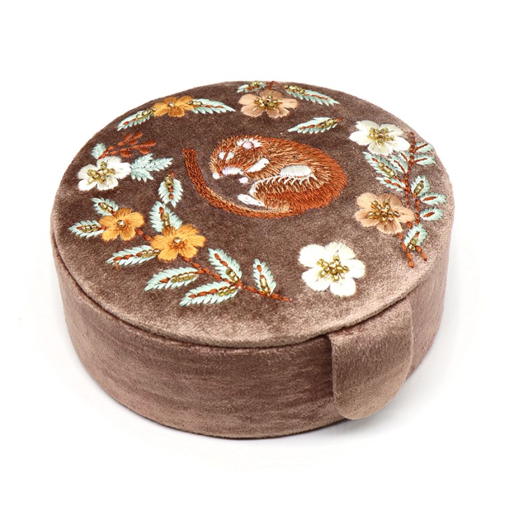 POM Buff Sleeping Dormouse Embroidered Velvet Round Jewellery Box