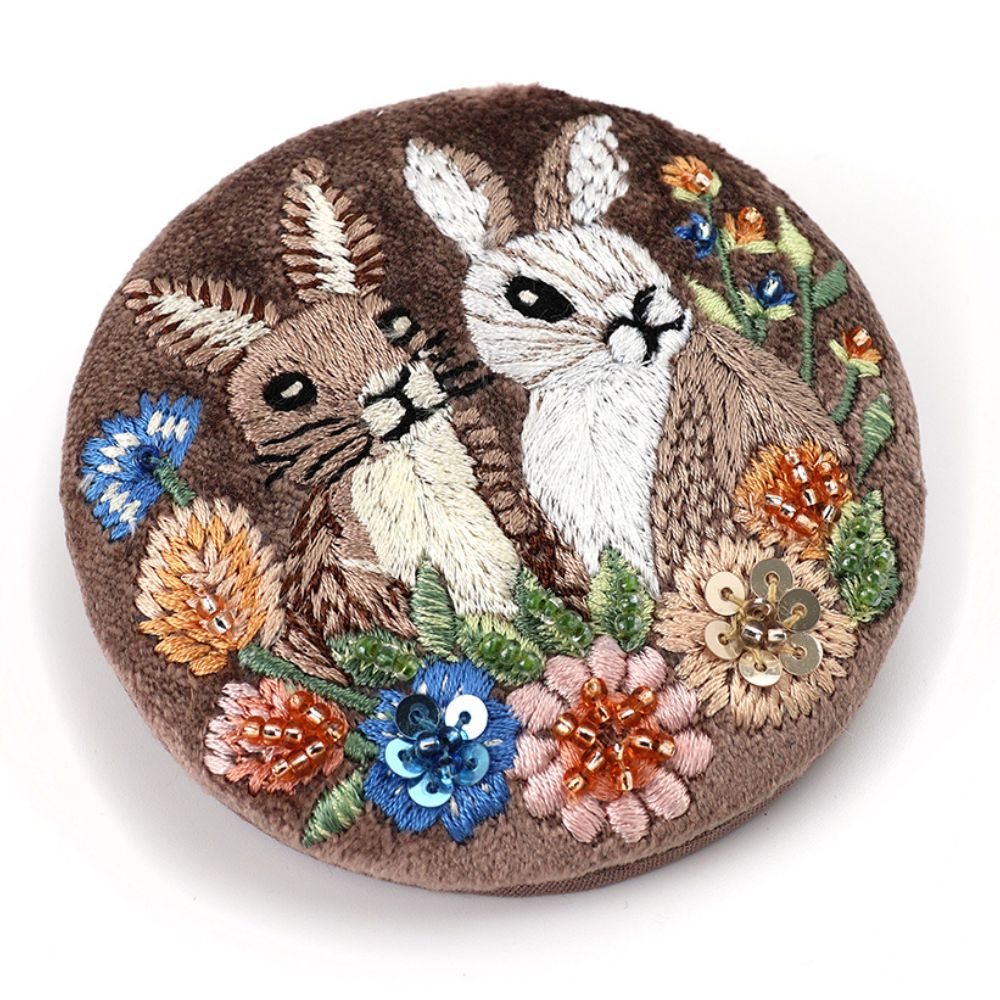 POM Cocoa Velvet Embroidered Bunnies Compact Mirror