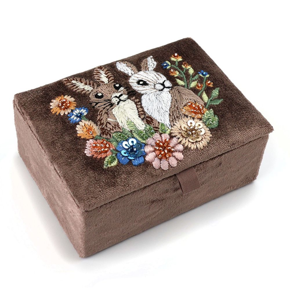 POM Cocoa Velvet Embroidered Bunnies Jewellery Box