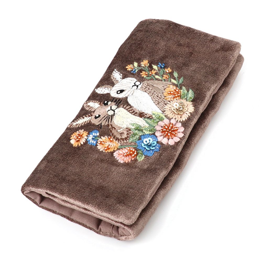 POM Cocoa Velvet Embroidered Bunnies Jewllery Roll