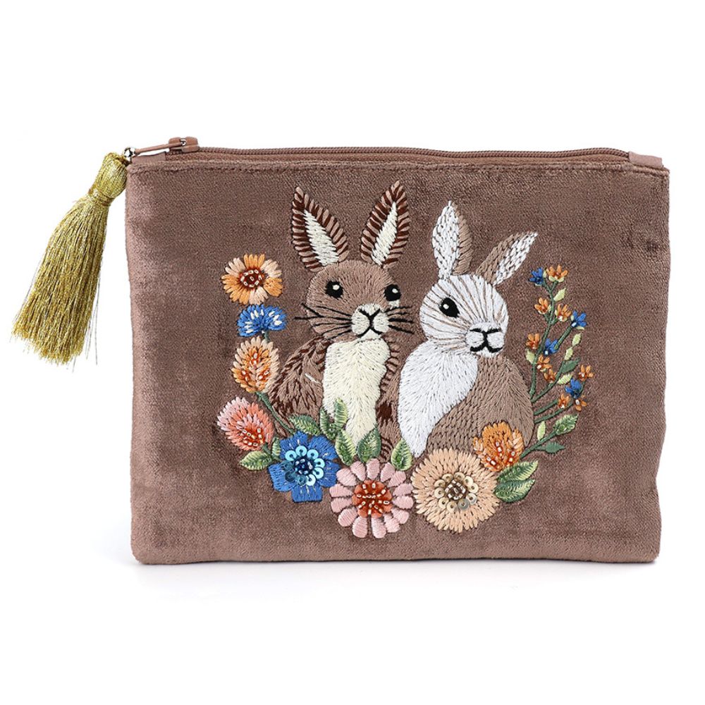 POM Cocoa Velvet Embroidered Bunnies Zip Purse
