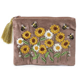 POM Cocoa Velvet Embroidered Sunflowers Zip Purse
