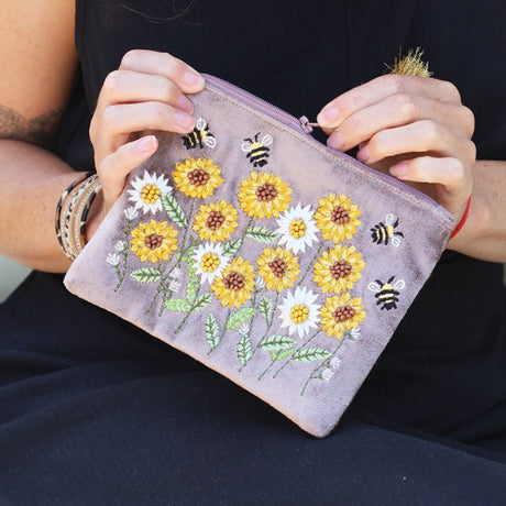 POM Cocoa Velvet Embroidered Sunflowers Zip Purse
