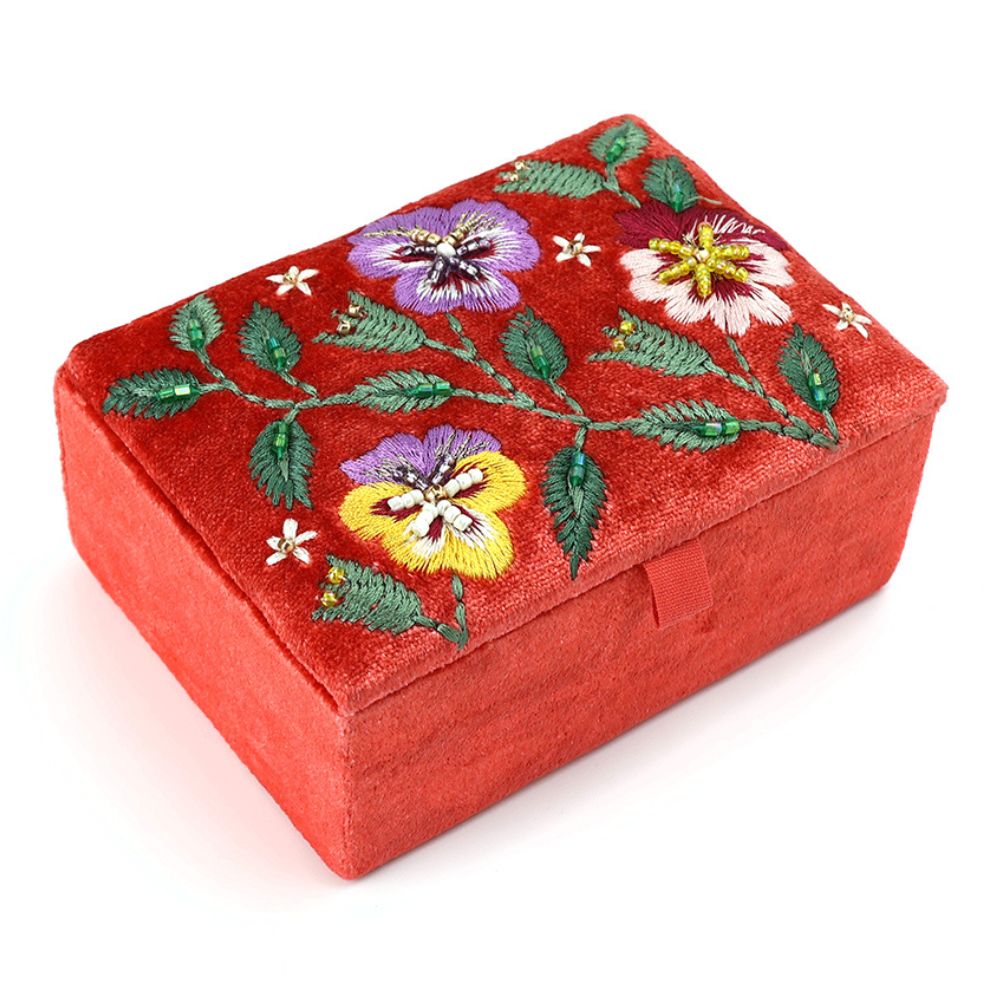 POM Coral Velvet Embroidered Pansie's Jewellery Box