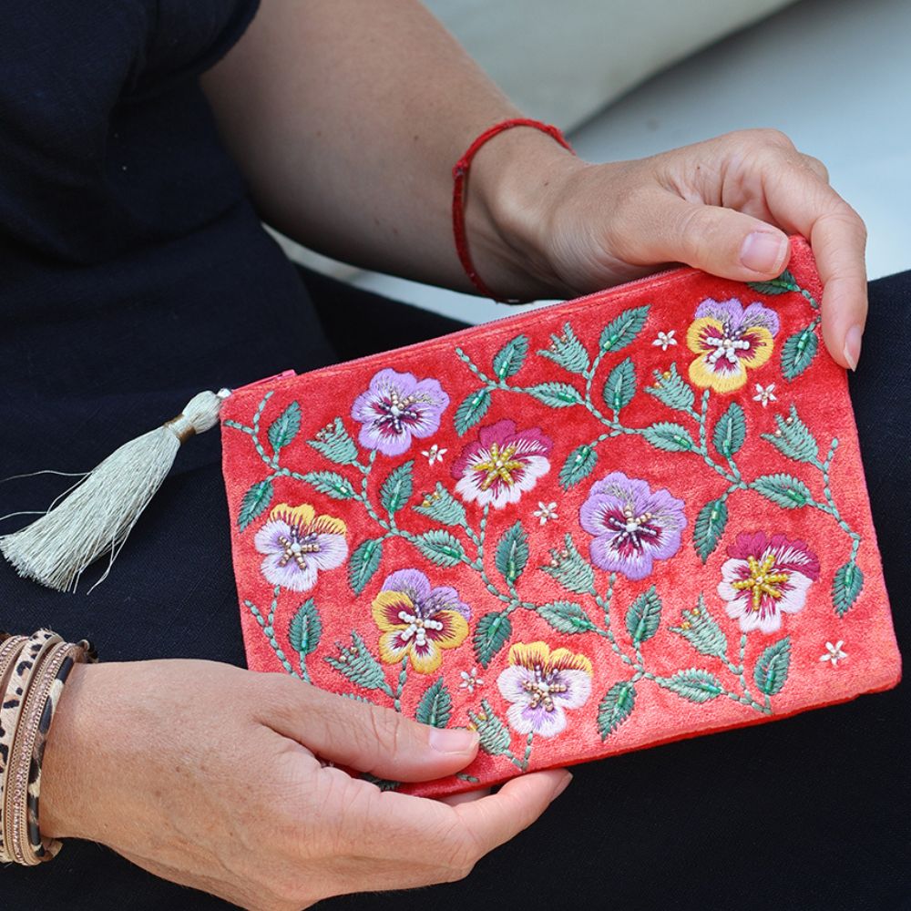 POM Coral Velvet Embroidered Pansie's Zip Purse