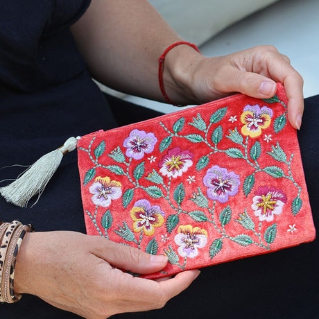 POM Coral Velvet Embroidered Pansie's Zip Purse