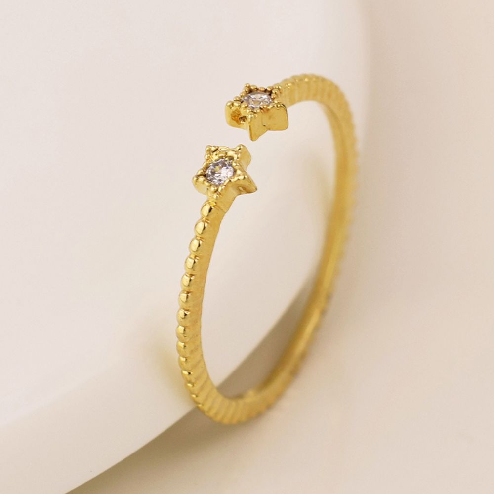 POM Gold Plated Double Crystal Star Open Band Ring (Small-Medium)