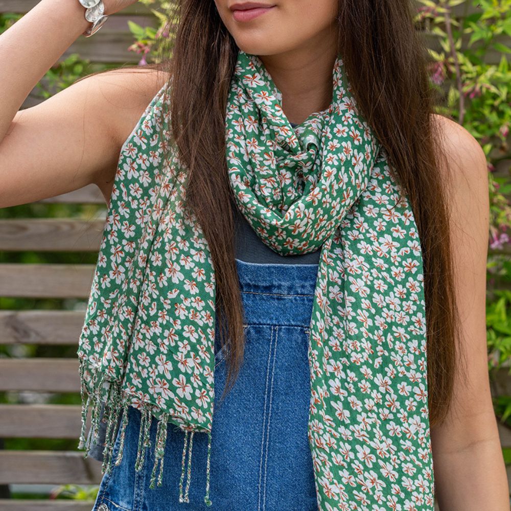 POM Green Ditsy Floral Print Modal Scarf