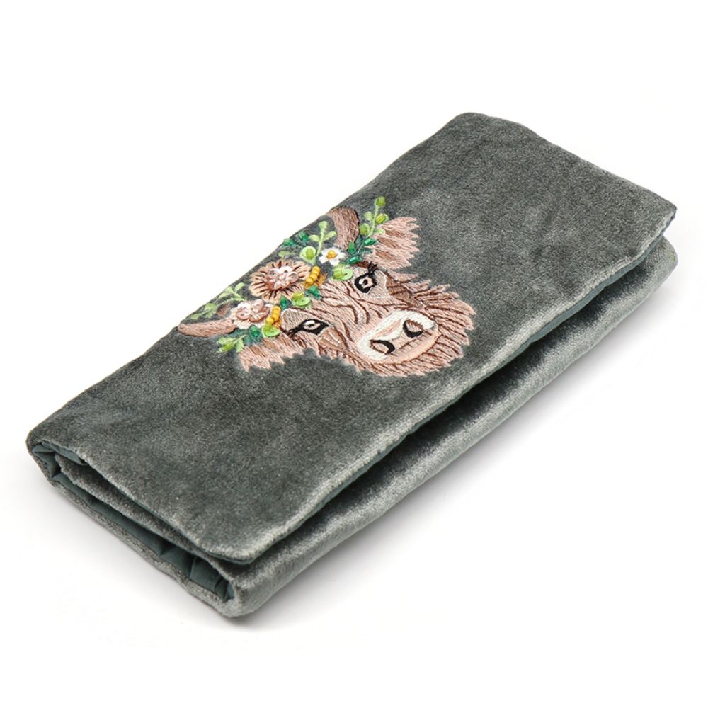 POM Green Seafoam Highland Cow Embroidered Velvet Jewellery Roll