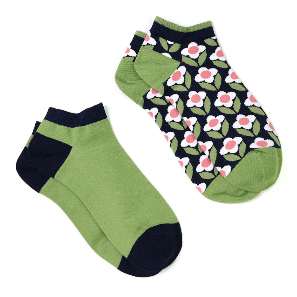 POM Green & Navy Mix Retro Flower Trainer Socks (2 Pack)