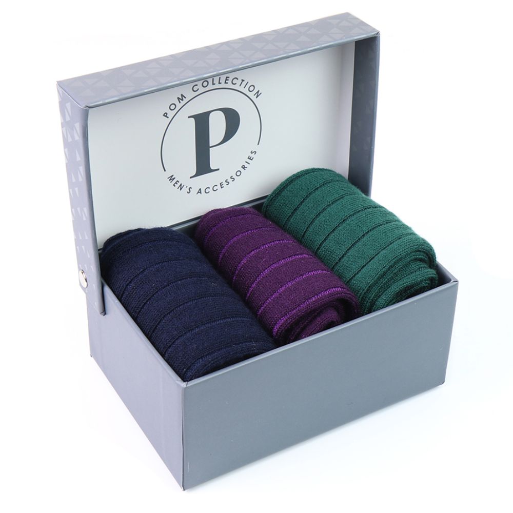 POM Green, Blue and Purple Triple Ribbed Sock Set For Men