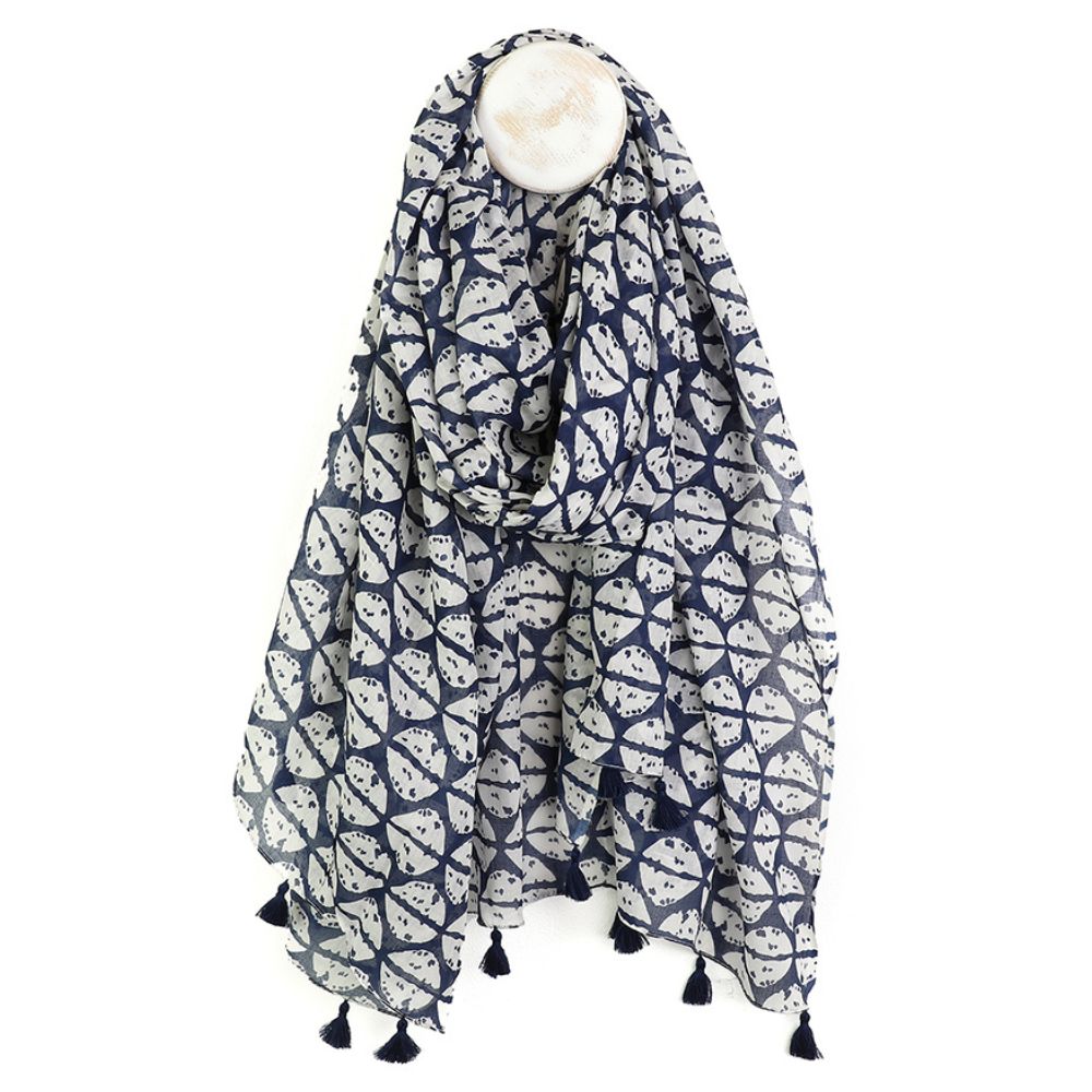 POM Navy & White Abstract Cowrie Cotton Scarf