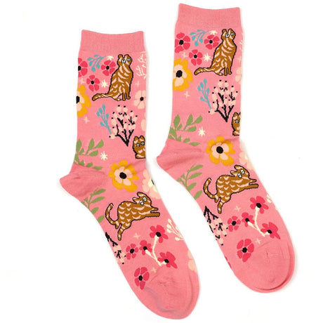 POM Pink Quirky Cat & Floral Ankle Socks