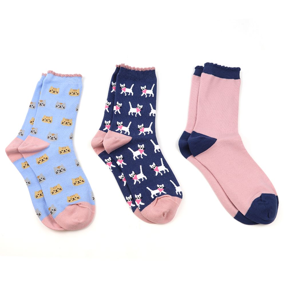 POM Pink and Blue Mix Cat Themed Boxed Sock Trio