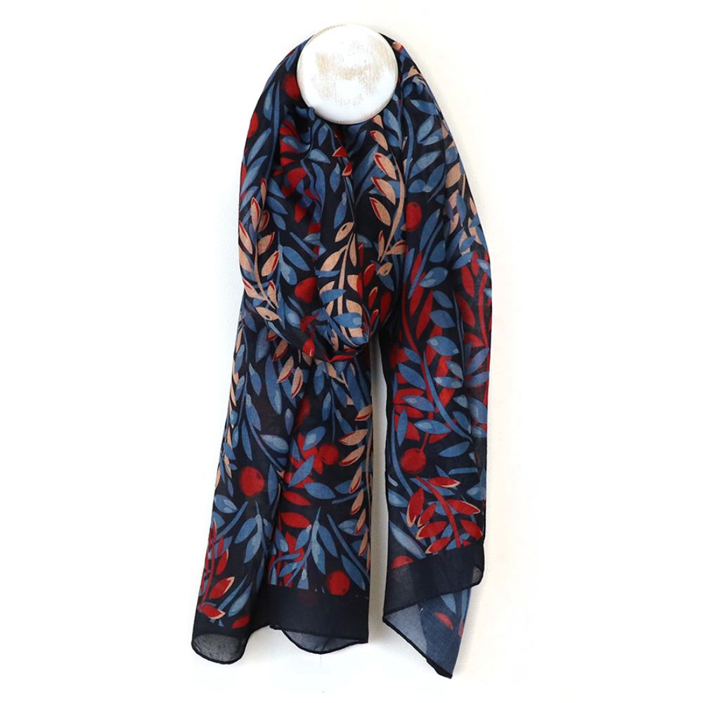 POM Recycled Blend Blue and Red Mix Layered Leaf Print Scarf