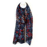 POM Recycled Blend Blue and Red Mix Layered Leaf Print Scarf