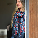 POM Recycled Blend Blue and Red Mix Layered Leaf Print Scarf