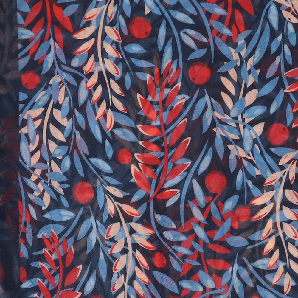 POM Recycled Blend Blue and Red Mix Layered Leaf Print Scarf