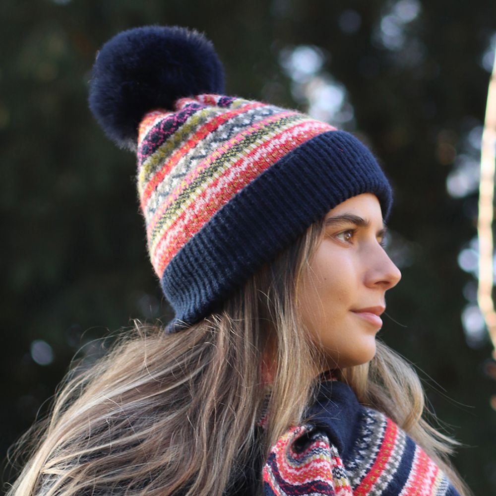 POM Recycled Blend Navy Mix Fair Isle Bobble Hat