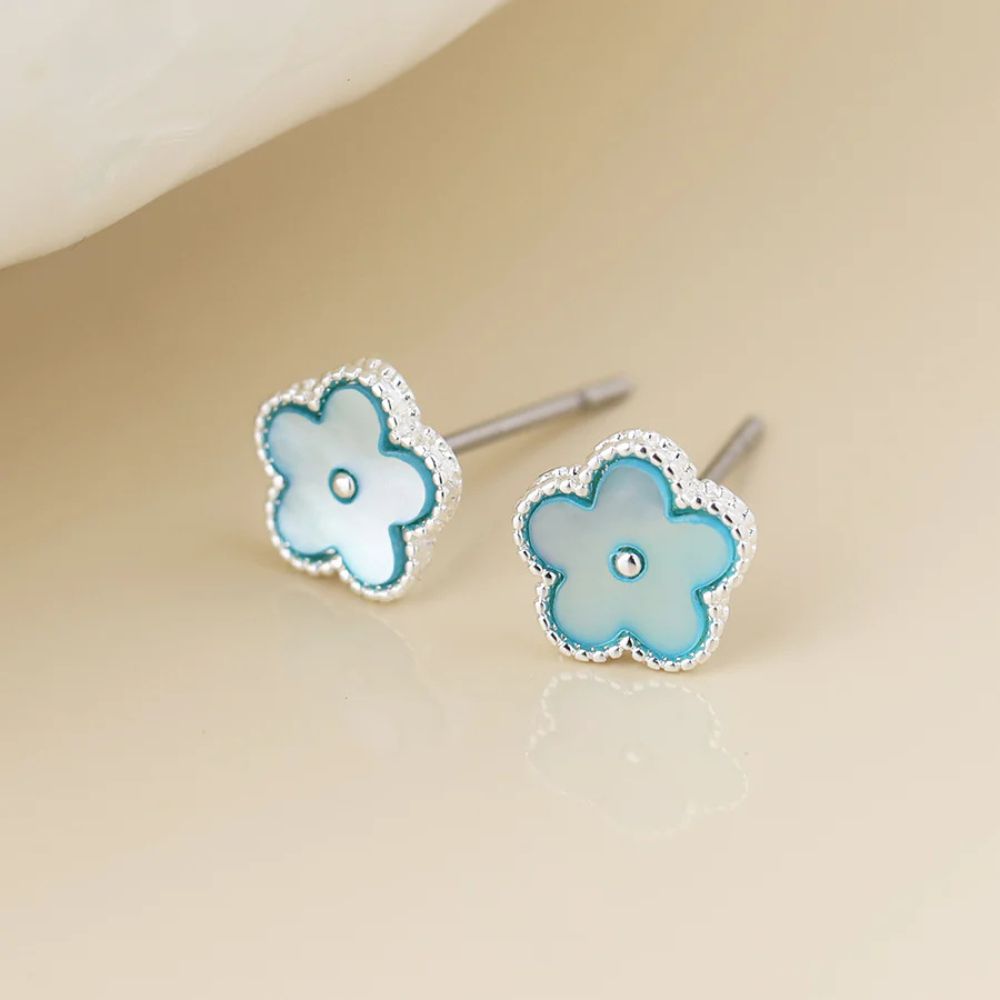 POM Silver Plated Blue Mother Of Pearl Flower Stud Earrings