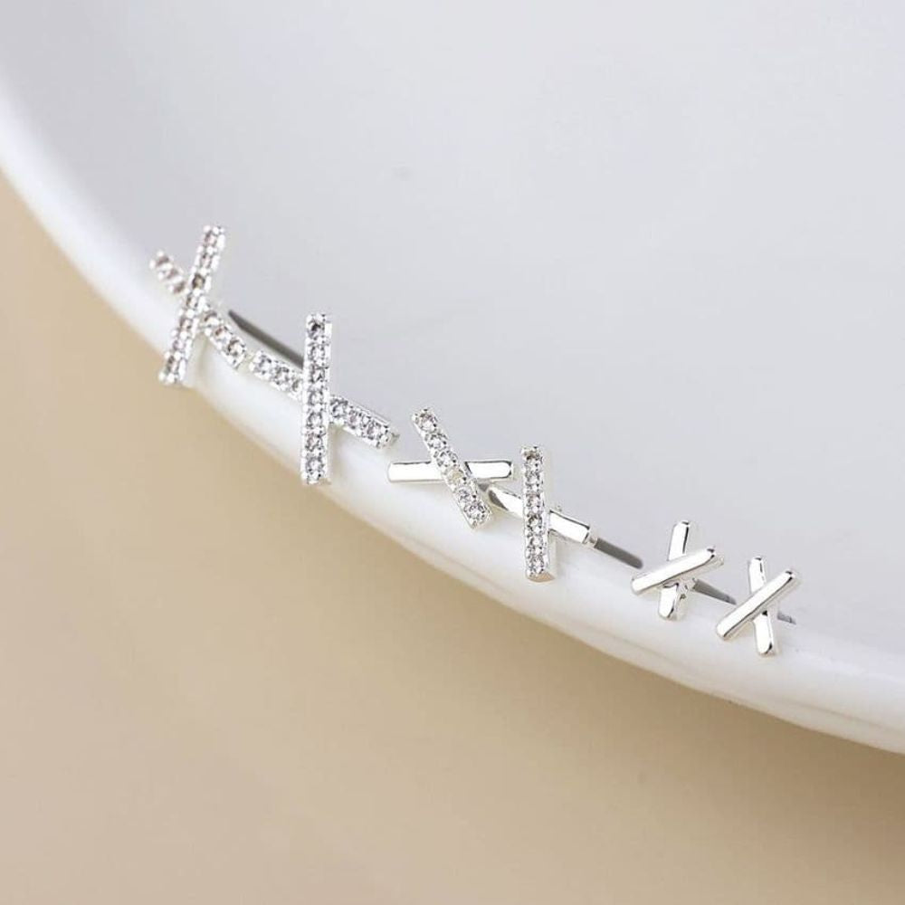 POM Silver Plated Crystal Triple X Stud Earring Set