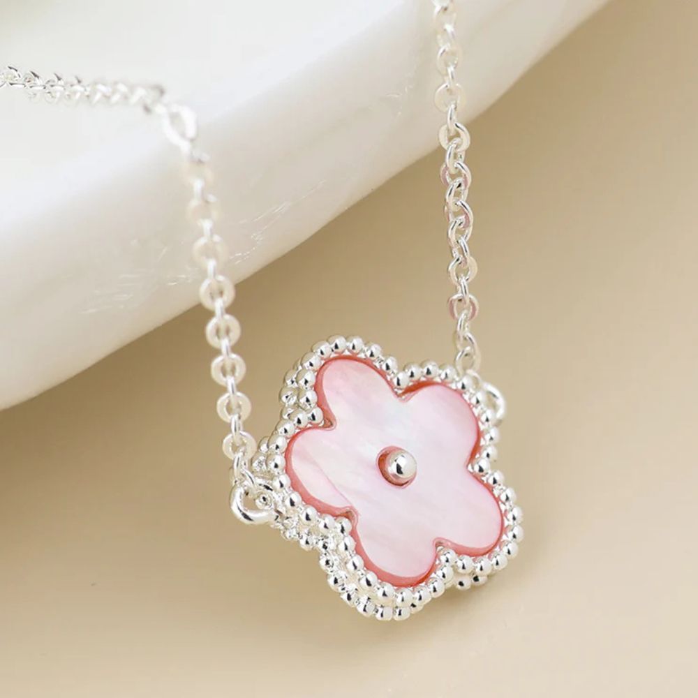 POM Silver Plated Pink Mother Of Pearl Flower Necklace