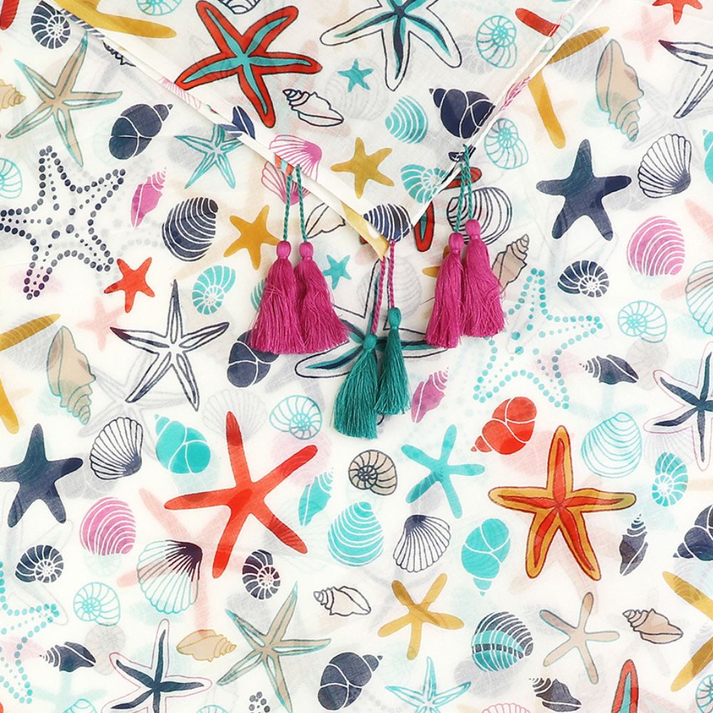 POM White Cotton Multi Starfish & Shell Print Scarf