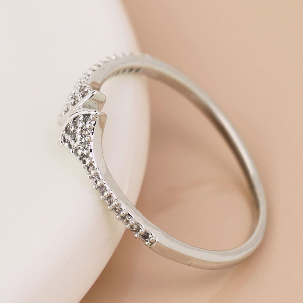 POM  White Gold Plated Crystal Double Fan Ring (Medium-Large)