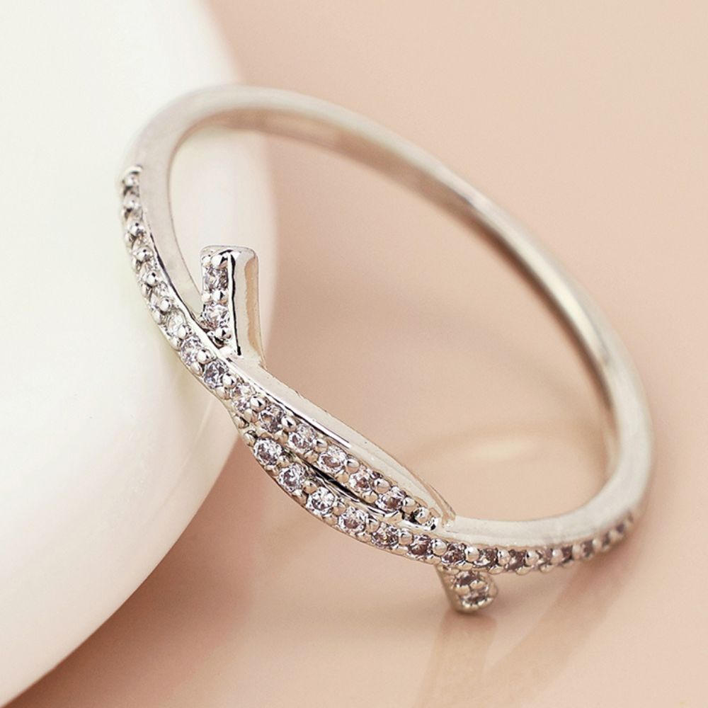 POM White Gold Plated Tied Band Crystal Ring (Medium-Large)