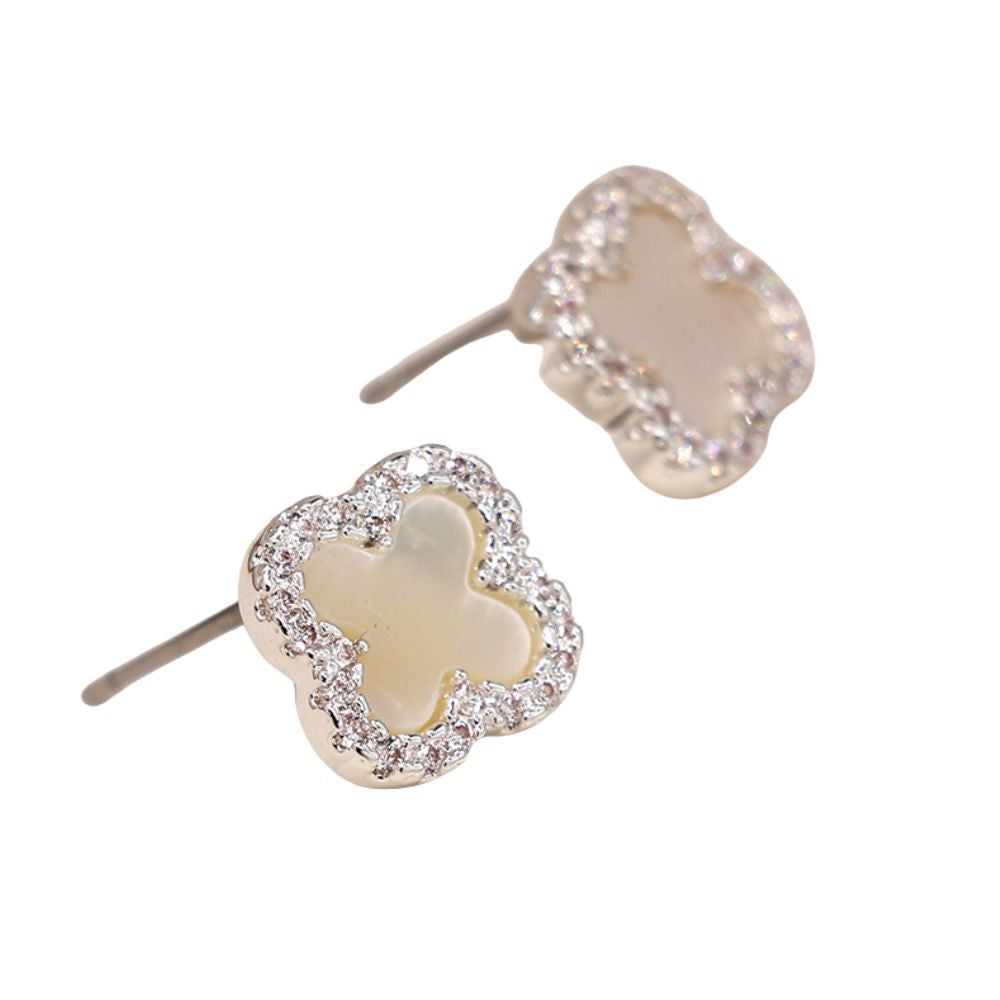 POM Crystal Edged Quatrefoil Stud Earrings - Silver