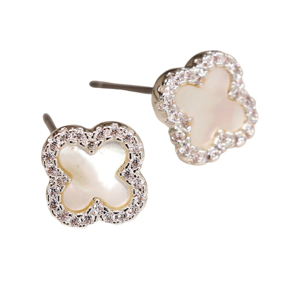 POM Crystal Edged Quatrefoil Stud Earrings - Silver