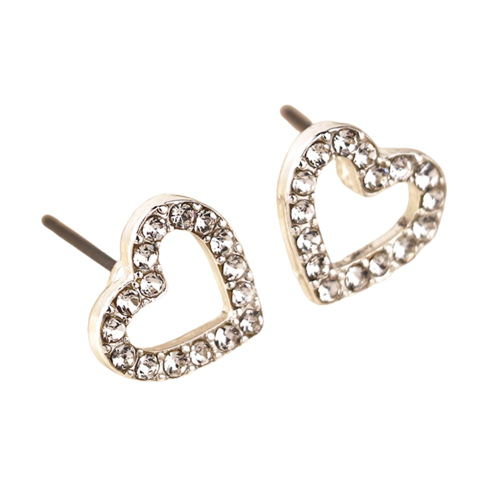 POM Crystal Heart Stud Earrings - Silver
