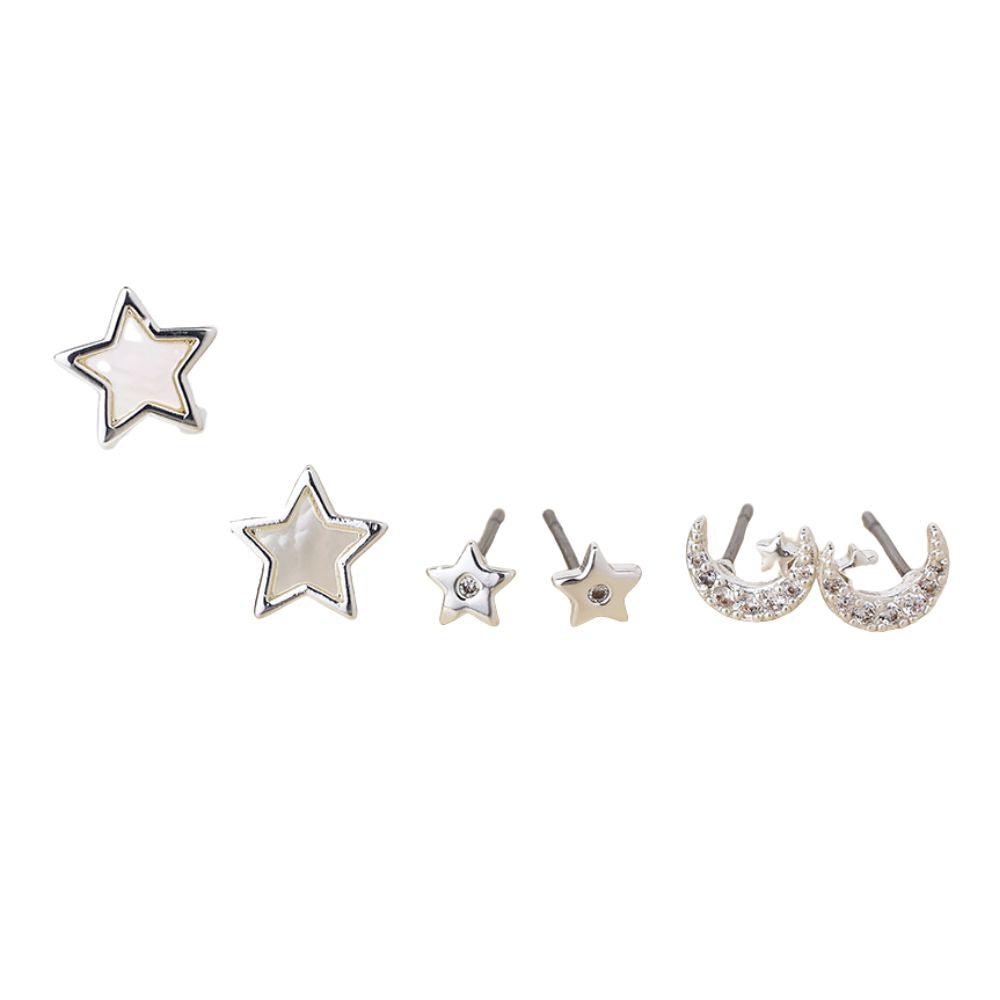 POM Triple Moons & Stars Stud Earring Set - Silver