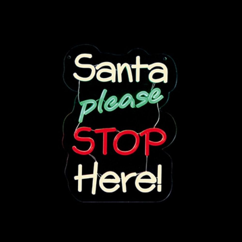 Premier 35cm Lit Neon 'Santa Please Stop Here' Hanging Sign
