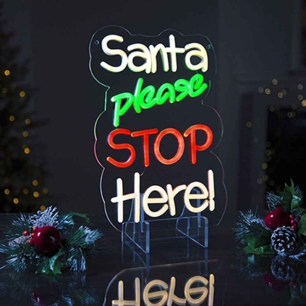 Premier 35cm Lit Neon 'Santa Please Stop Here' Hanging Sign