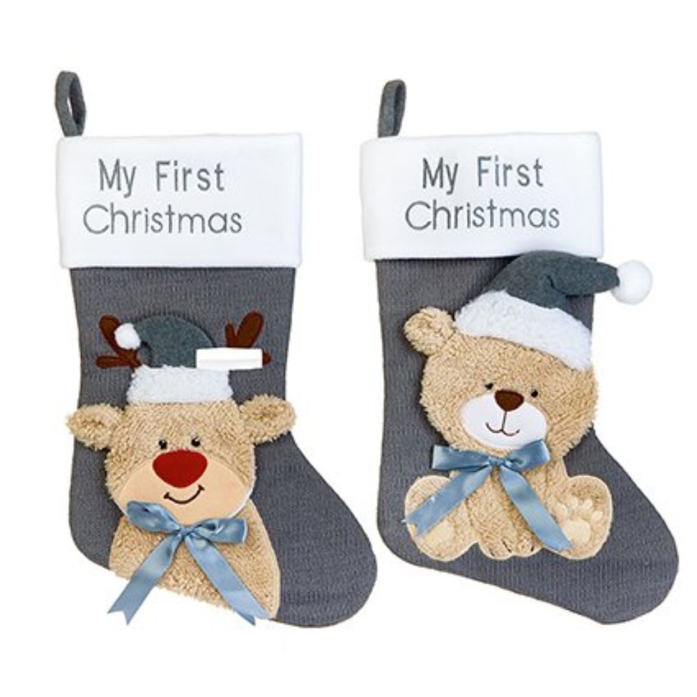 Premier Decorations 45cm 'My First Christmas' Grey Plush Character Stocking (Choice of 2)